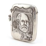 Sterling silver vesta embossed with a portrait of Edward VII, 5.5cm high, 27.6g