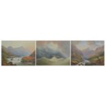 Mountain landscapes and ship in rough seas, three 19th century watercolours, each mounted and