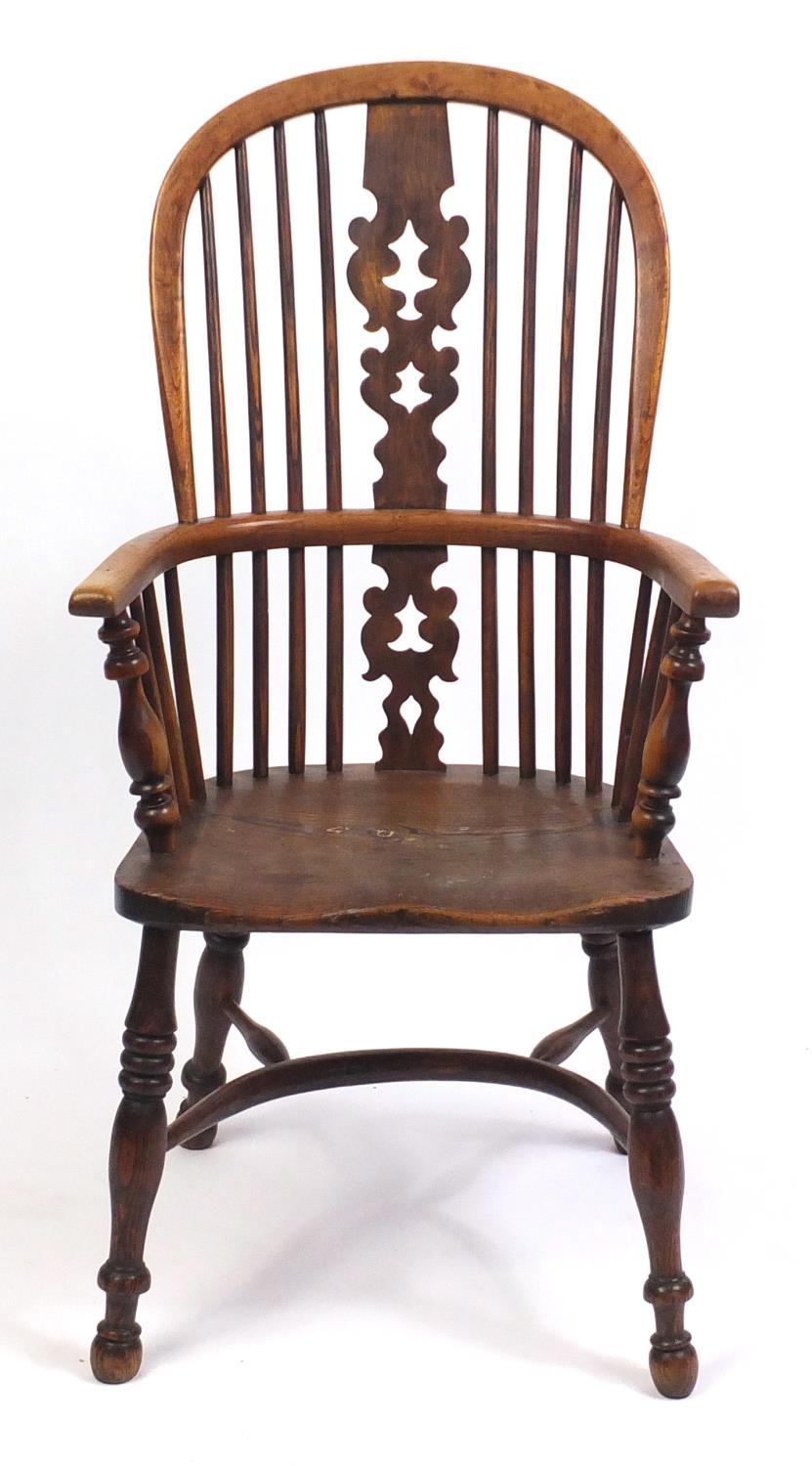 Victorian elm Windsor chair with crinoline stretcher, 106cm high - Image 2 of 4