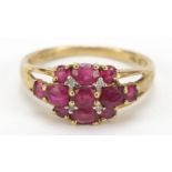 9ct gold ruby and diamond cluster ring, size O, 2.4g