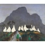 Figures before cottages with mountains, Irish school oil on board, framed, 60cm x 49cm excluding the