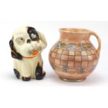 Large Crown Devon Bonzo dog and a Burleigh ware handled vase by Charlotte Rhead, the largest 23cm