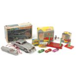Vintage toys with boxes including M101 Aston Martin Secret Ejector car, Mamod Lineshaft and model
