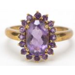9ct gold purple stone cluster ring, size R, 3.1g