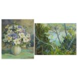 Violet Watson - Still life flowers in a vase and woodland before water, two oil on boards, mounted