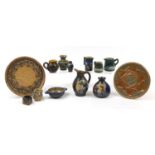 Quimper, French Art Deco pottery including two trays and an Odetta vase hand painted with a