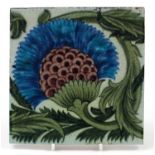 William De Morgan, Arts & Crafts pottery BBB tile hand painted with a stylised thistle and