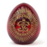Russian ruby glass egg in the style of Faberge, 6cm high