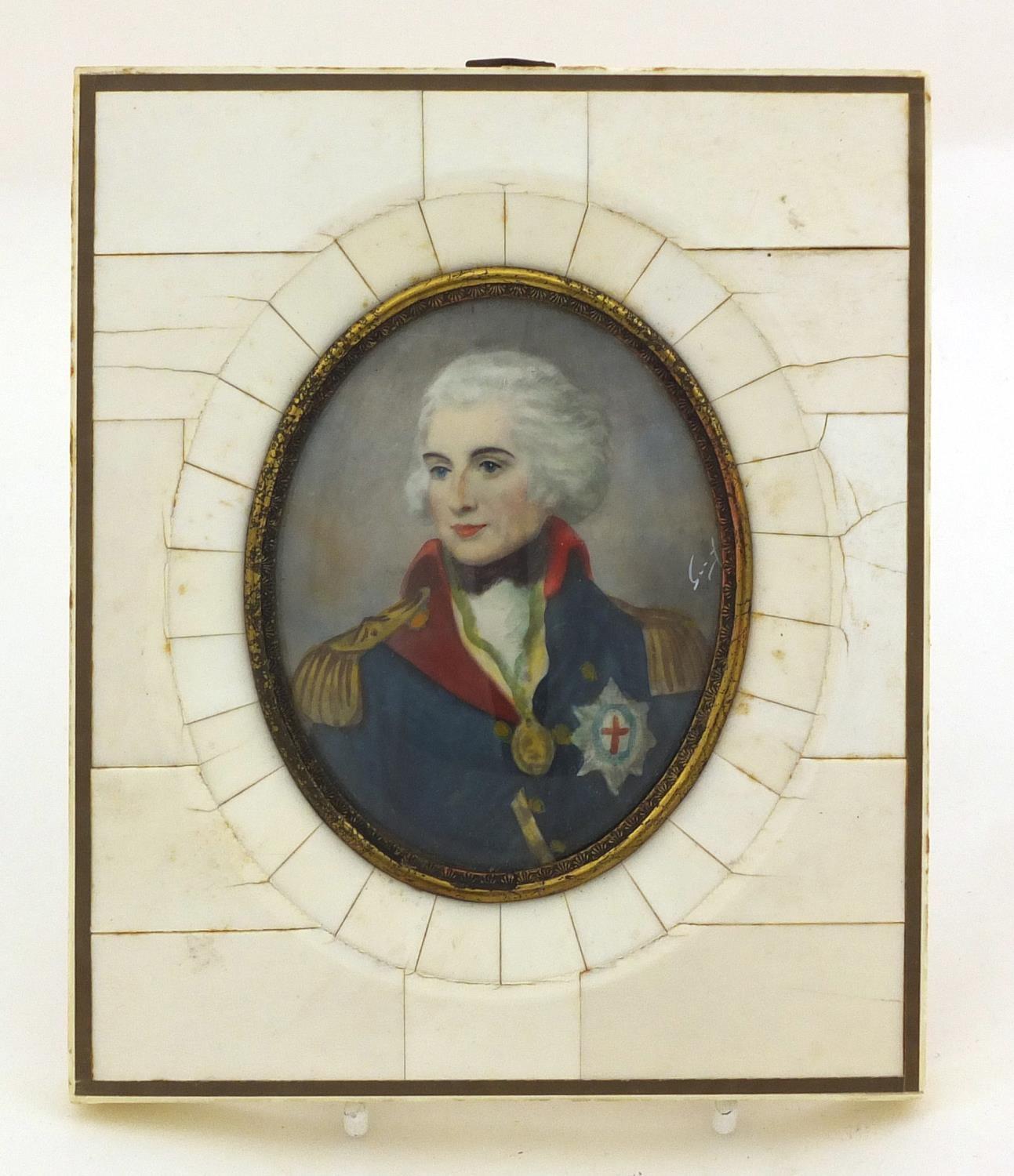 Naval interest oval portrait miniature of Nelson housed in a sectional frame, the miniature 8cm x