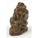Knud Kyhn for Royal Copenhagen, large Danish stoneware monkey having a mottled brown glaze, numbered