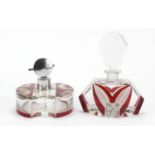Art Deco red flashed cut glass scent bottle and atomiser with a chrome mount, 17cm high
