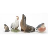 Royal Copenhagen, four Danish animals including seal and otter, numbered 1441, 2333, 1126 and