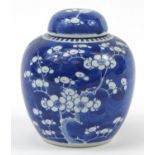 Chinese blue and white porcelain ginger jar and cover hand painted with prunus flowers, character