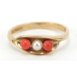 9ct gold coral and pearl ring, size N, 2.2g