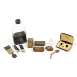 Objects including a snuff box, hip flask with silver plated cup and a rock crystal type Buddha,