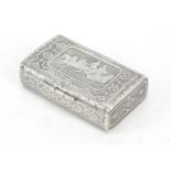 Russian silver snuff box with double hinged lid, embossed with horses pulling a troika sleigh,