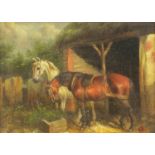 Horses in a stable, oleograph on canvas, framed, 16cm x 11cm excluding the frame