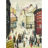 After Laurence Stephen Lowry - Figures walking about, street scene, oil on board, framed, 38.5cm x