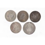 World coinage including two 1884 American dollars, Maria Theresa Thaler and 1894 one peso, 133.7g