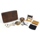 Sundry items including a crocodile skin clutch bag, ladies silver pocket watch and three compacts