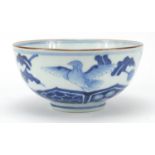 Chinese blue and white porcelain bowl, hand painted with birds and bamboo trees, six figure Chenghua
