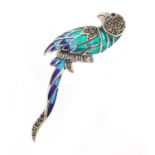 Silver plique-à-jour enamel and marcasite parrot brooch, 7cm in length, 10.0g