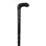 Anglo Indian ebony walking stick with elephant head handle and ivory inlay, 87cm in length