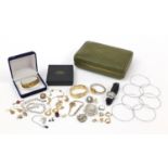 Costume jewellery including a pair of 9ct gold earrings and wristwatches