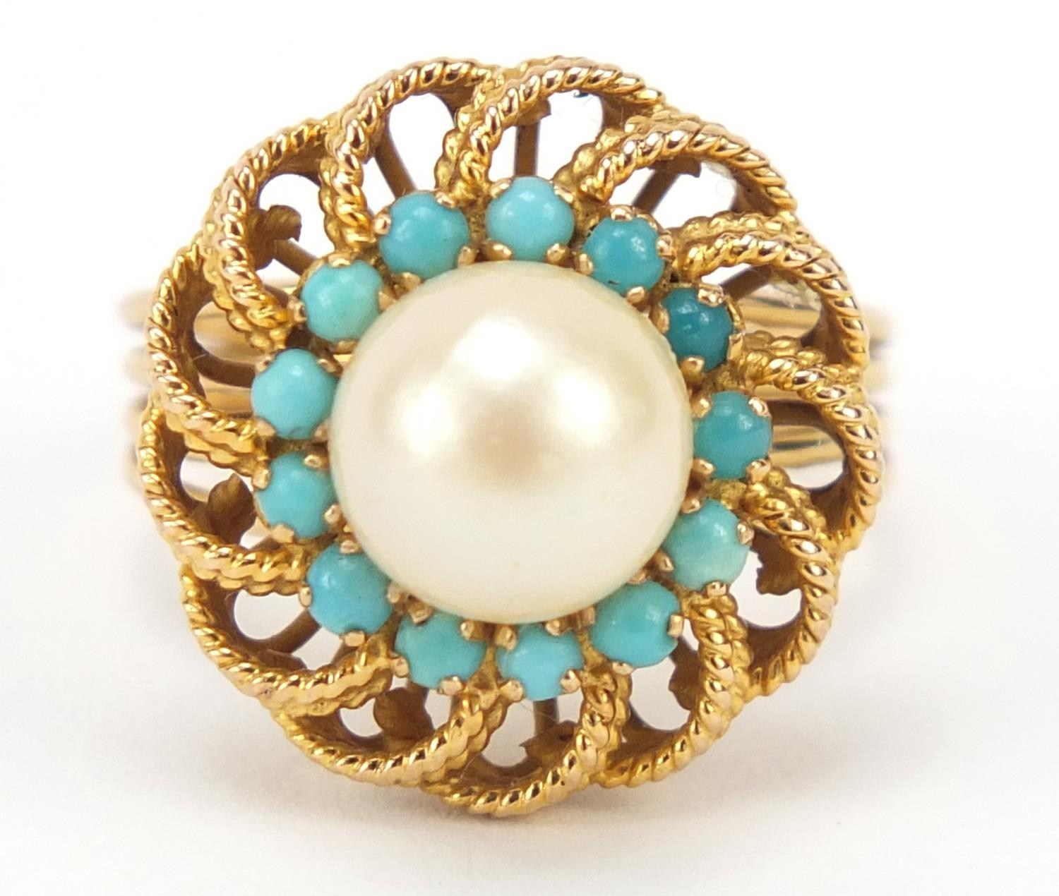 Continental gold, pearl and turquoise ring, (tests as 18ct gold) size M, 6.4g