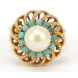 Continental gold, pearl and turquoise ring, (tests as 18ct gold) size M, 6.4g