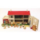 Vintage Tri-ang wooden and plastic doll's house with contents, 38cm H x 72cm W x 30cm D