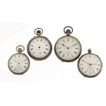 Four silver open face pocket watches including Camerer, Cuss & Co and one with a fusée movement, the