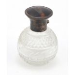 George V cut glass scent bottle with silver and tortoiseshell hinged lid depicting a shipping