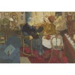 Interior scene with ladies at teatime, early 20th century English school gouache, mounted, framed