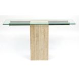 Contemporary marble side table with rectangular glass top, 77cm H x 135.5cm W x 35cm D