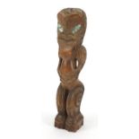 Tribal interest Maori God wood carving with abalone eyes from New Zealand, inscribed paper label