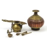 Antique Continental bronze anointing vessel with three spoons and a vase, each engraved with script,