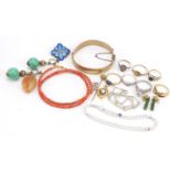 Antique and later jewellery including a coral necklace, silver rings, silver bracelets and a 9ct
