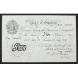 Bank of England white five pound note, Chief Cashier P S Beale, dated 18th July 1952, serial