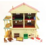 Vintage Gee Bee Toys wooden and tinplate doll's house with contents, 57cm H x 60cm W x 30cm D