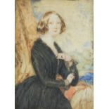 Young female in an interior, 19th century watercolour, inscribed verso, mounted, framed and
