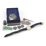 Vintage and later jewellery and silver including a sherry decanter label, Raymond Weil wristwatch,