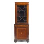 Edwardian inlaid mahogany standing corner cabinet with astragal glazed door, 190cm high x 72cm wide