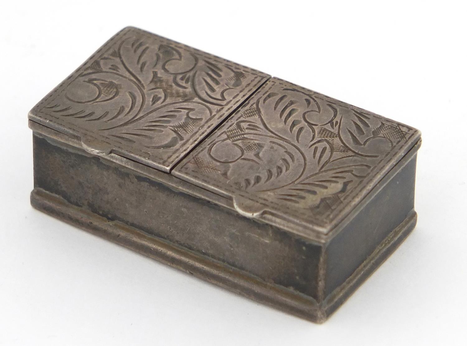 Rectangular silver double stamp box with hinged lids, London import marks 1989, 4.2cm wide, 28.8g