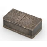 Rectangular silver double stamp box with hinged lids, London import marks 1989, 4.2cm wide, 28.8g