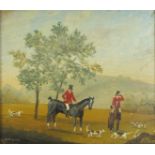 N Patterson - Huntsman and huntswoman with hounds, oil on board, inscribed verso, mounted and