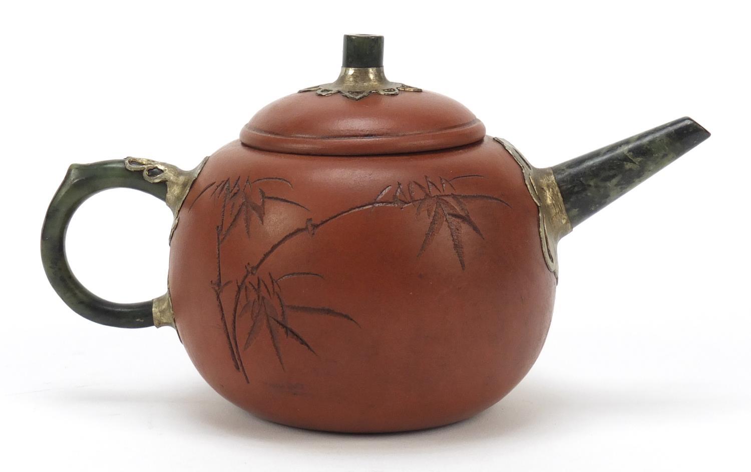 Chinese jade mounted Yixing terracotta teapot incised with bamboo grove and calligraphy, character - Image 4 of 9