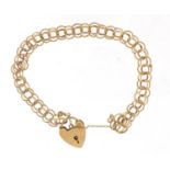 9ct gold multi link bracelet with love heart padlock, 18cm in length, 7.9g