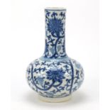 Chinese blue and white porcelain vase hand painted with flower heads amongst scrolling foliage, four