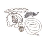 Silver and white metal jewellery including a marcasite peacock brooch, pendants on necklaces and a